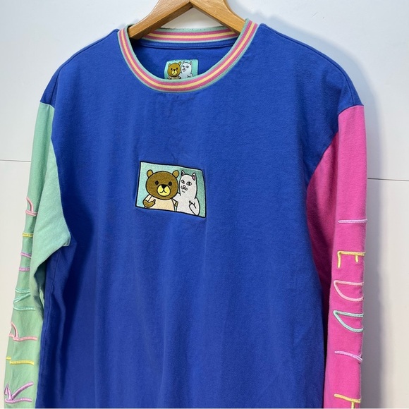 Teddy Fresh X Ripndip Colorblock Embroidered Long Sleeve Shirt Sz Large Cat Bear - Picture 3 of 10